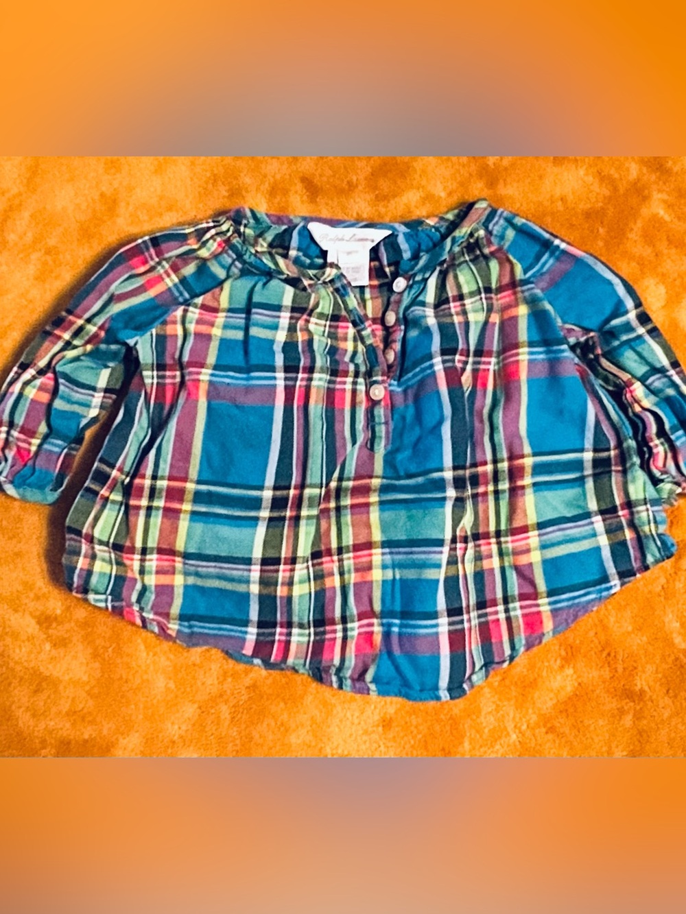 Ralph Lauren Classic Multi Color Plaid Designer Henley Smock Top - 3-6 mo.